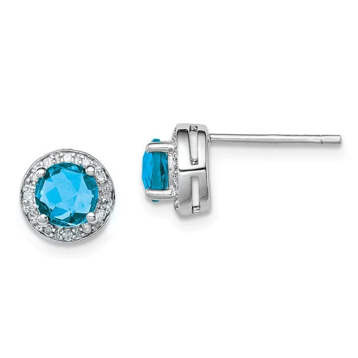 Pure star earrings-Sterling Silver Diamond & Swiss Blue Topaz Halo 8mm Stud Earrings