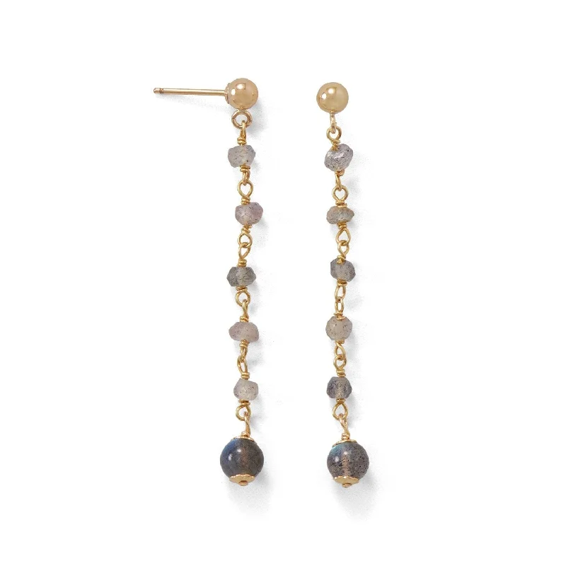 Silk cord earrings-14k Yellow Gold over Sterling Silver Labradorite Bead Long Post Earrings