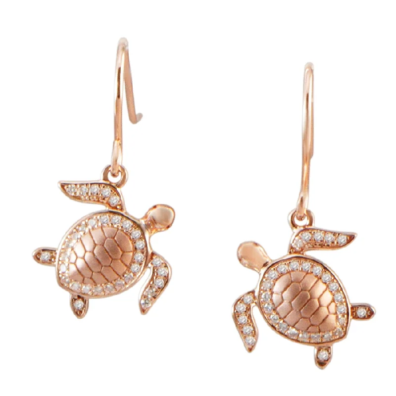 Plain cross earrings-Sterling Silver Rose Gold Pave CZ Turtle Dangle Earrings