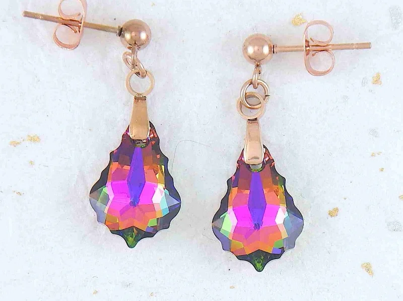 Short earrings with 16mm Vitrail Medium (pink/green) baroque Swarovski crystals, rose gold-toned stainless steel studs