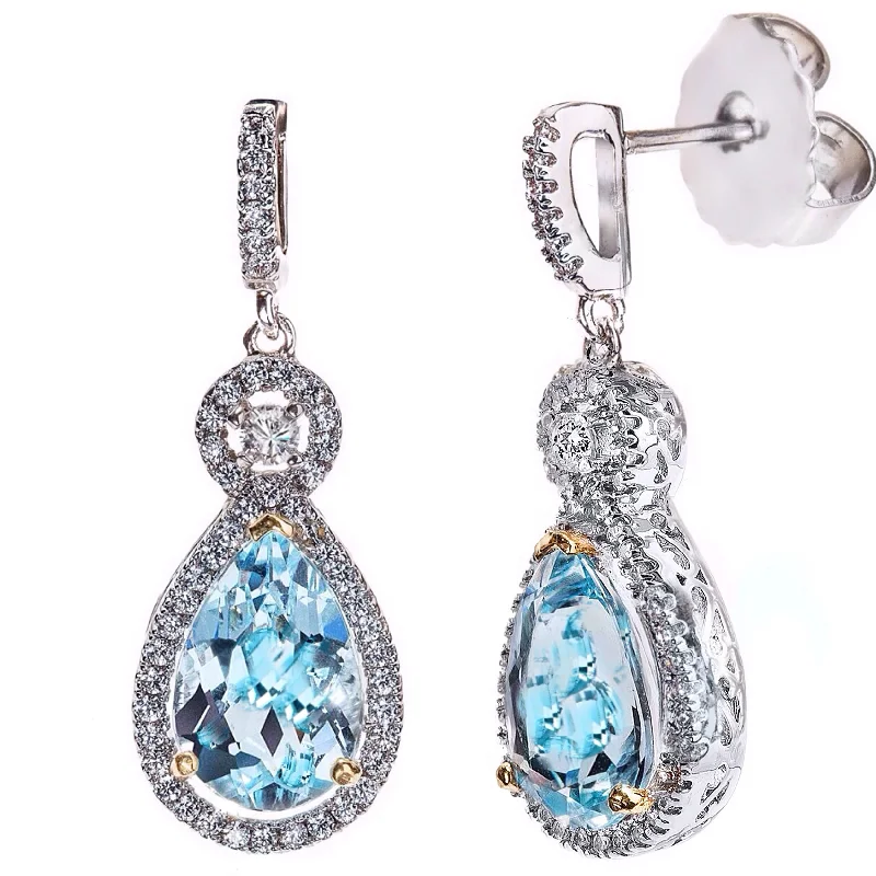 Guardian eye earrings-Silver Blue Topaz Victorian Teardrops with 18 KGP Prongs