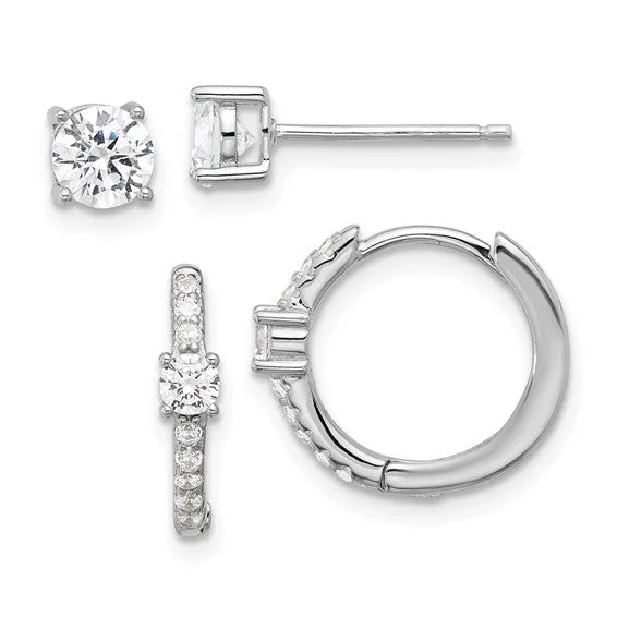 Petal pattern earrings-Sterling Silver 5mm CZ Studs and Hinged Hoop Earrings Set