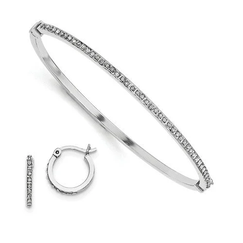 Fine bead earrings-Sterling Silver Diamond Mystique Round Hoop Earrings & Hinged Bangle Set