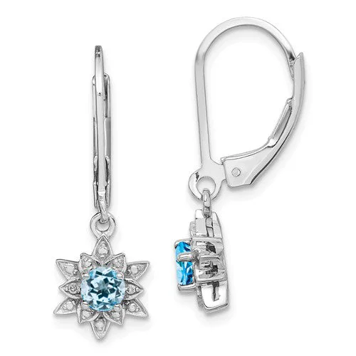 Victorian style earrings-Sterling Silver Round Light Sky Blue Topaz & Diamond Lotus Flower Leverback Earrings