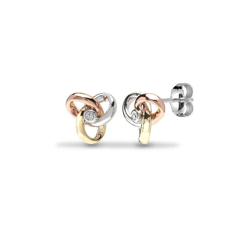 Lunar glow earrings-DIAMOND KNOT STUD EARRINGS IN 9K THREE-COLOUR GOLD