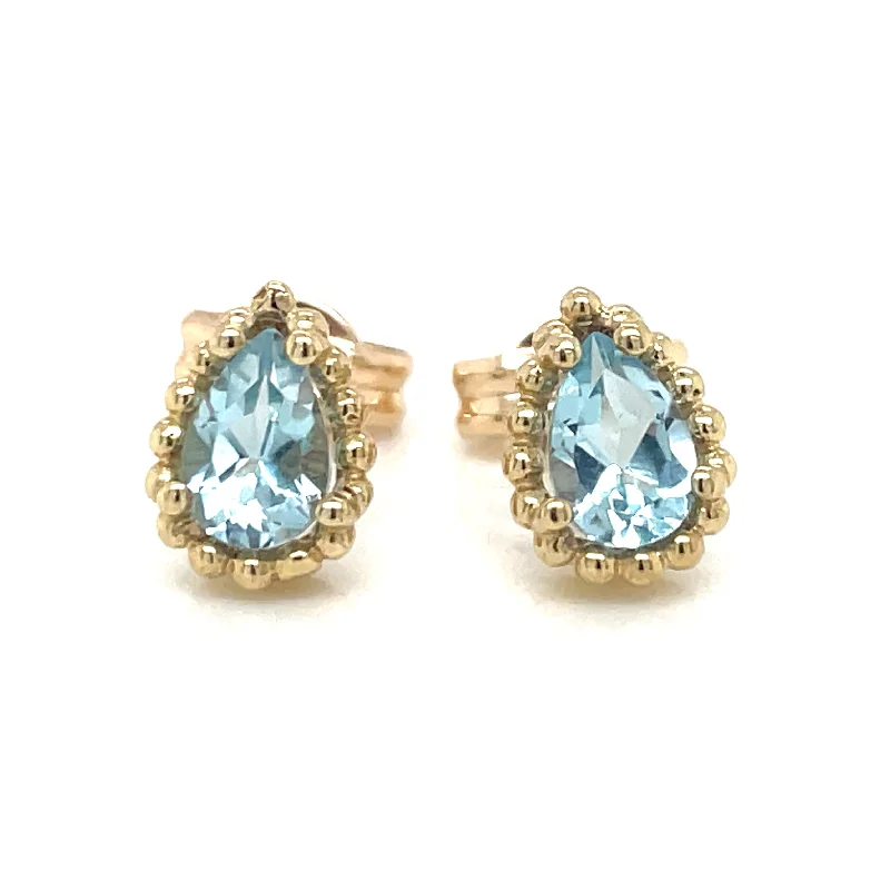 Garnet stud earrings-9ct Yellow Gold Pear Cut Blue Topaz Earrings with Dotted Edge