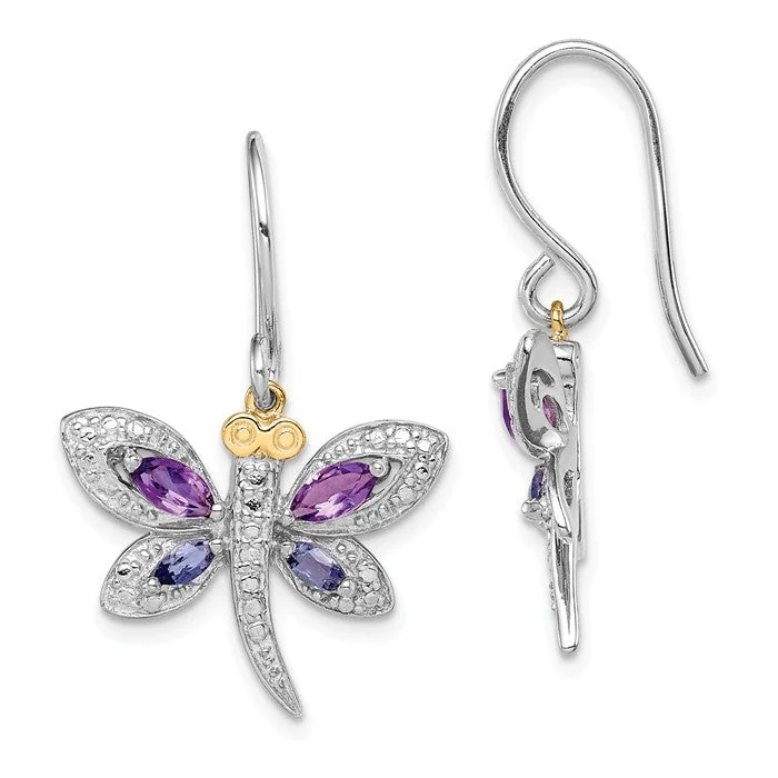 Old flair earrings-Sterling Silver And 14K Amethyst And Iolite And Diamond Dragonfly Earrings