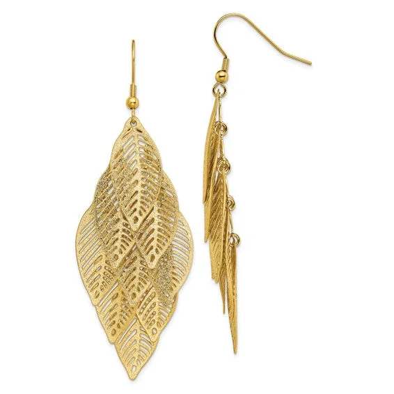 Gem weave earrings-Stainless Steel Gold IP Plated Leaves Dangle Earrings