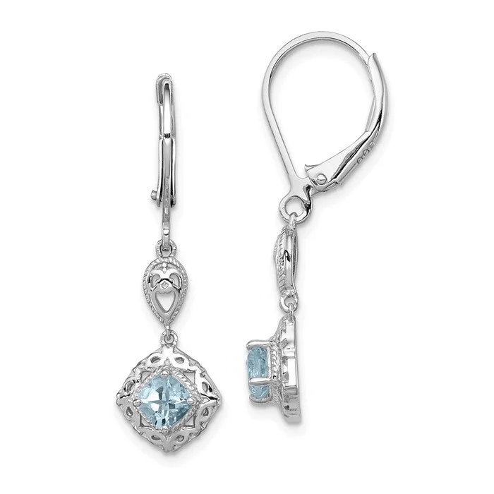 Clear stud earrings-Sterling Silver Genuine Aquamarine & Diamond Filigree Lever Back Earrings