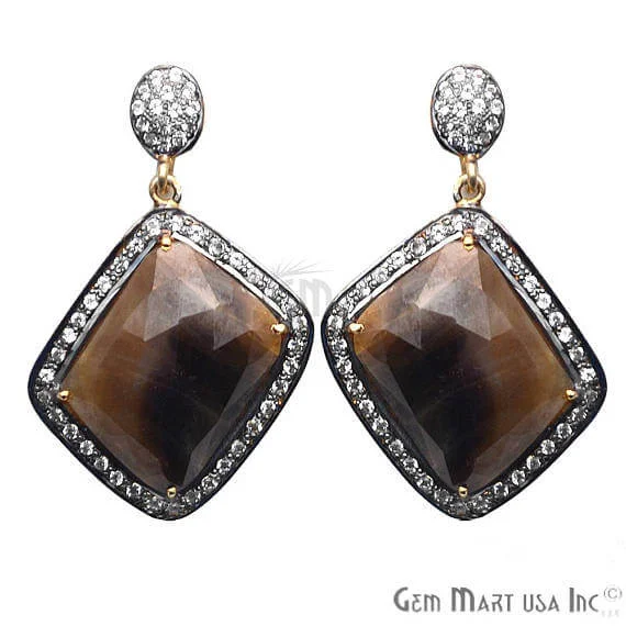 Satin silver earrings-Brown Sapphire With Cubic Zirconia Pave Diamond 43x27mm,Gold Vermeil Dangle Drop Stud Earring