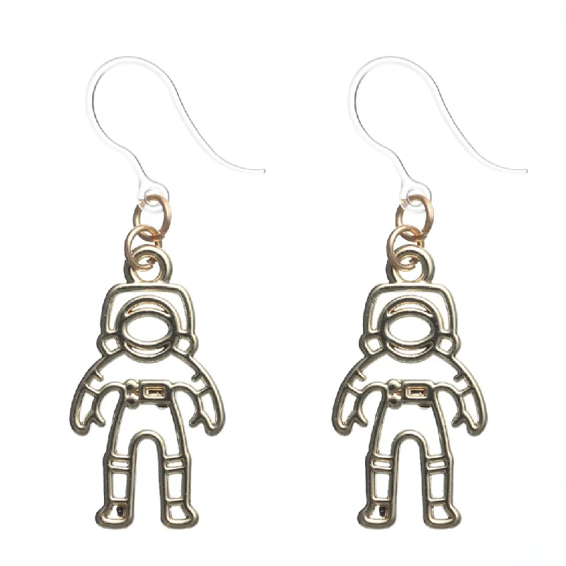 Golden Astronaut Dangles Hypoallergenic Earrings for Sensitive Ears Made with Plastic Posts