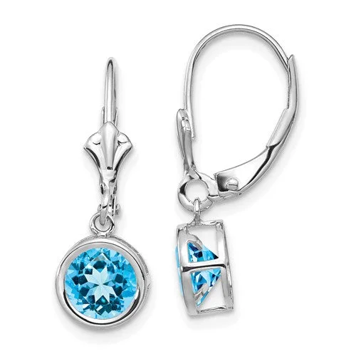 Gem weave earrings-14k White Gold Bezel 6mm Round Swiss Blue Topaz Leverback Earrings