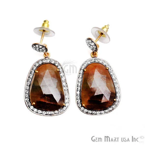 Smooth drop earrings-Brown Sapphire With Cubic Zirconia Pave Diamond 39x20mm,Gold Vermeil Dangle Drop Stud Earring