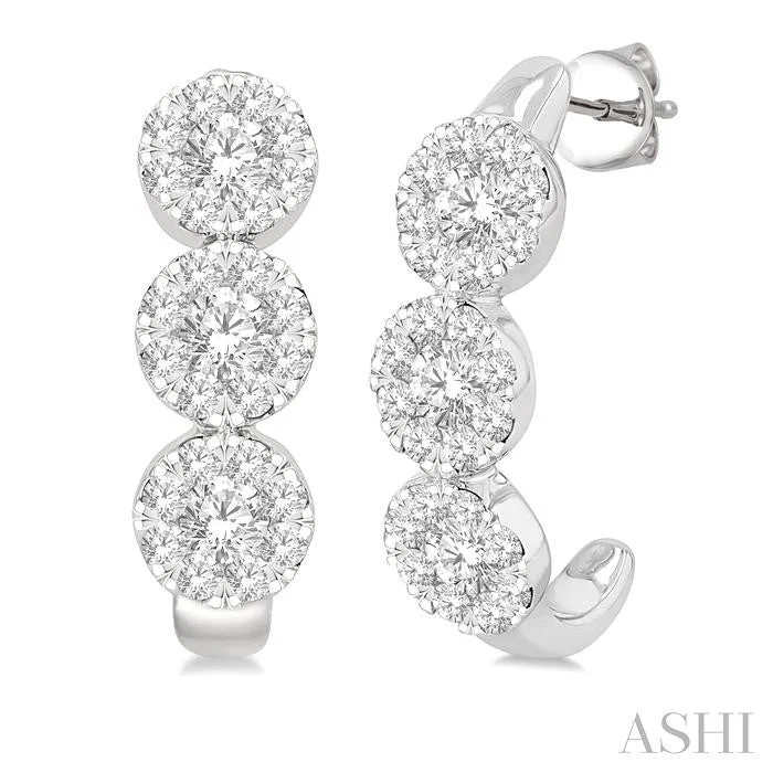 Flat stud earrings-ROUND SHAPE 3 STONE LOVEBRIGHT DIAMOND HALF HOOP EARRINGS