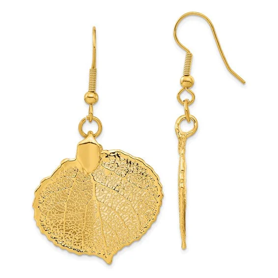 Flat coin earrings-24k Gold Dipped Aspen Leaf Dangle Earrings