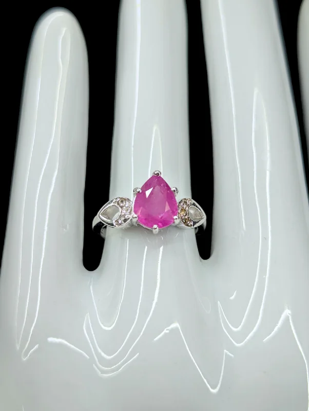 Vintage Pear Cut Faceted Genuine Pink Sapphire and White Topaz Sterling Silver Ring