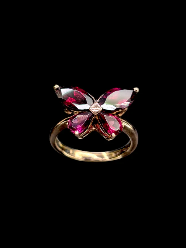 Vintage Butterfly Genuine Rhodolite Garnet Rose Gold Over Sterling Silver Ring