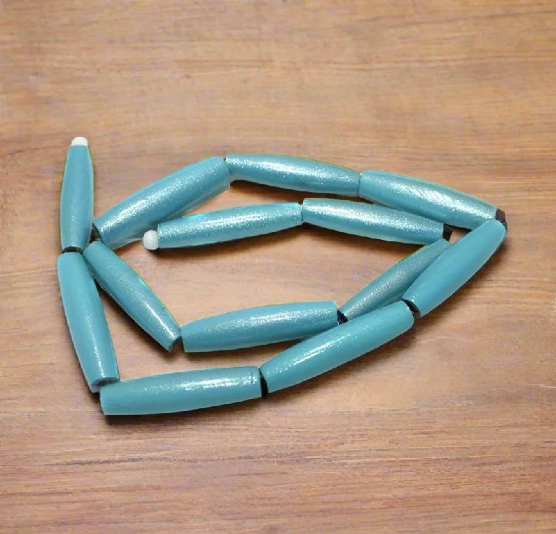 2 Strings Hand Printed Wooden Long Oval Beads Turquoise 32x8mm