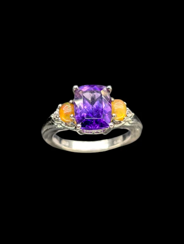 Vintage Rectangular Cushion Rose Cut Genuine Amethyst Solitaire, Fire Opal and White Topaz Sterling Silver Ring