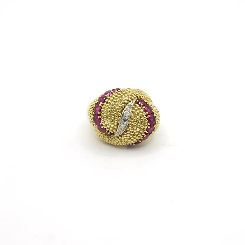 Vintage Italian Genuine Diamond and Ruby Cocktail Ring In 18K Yellow Gold