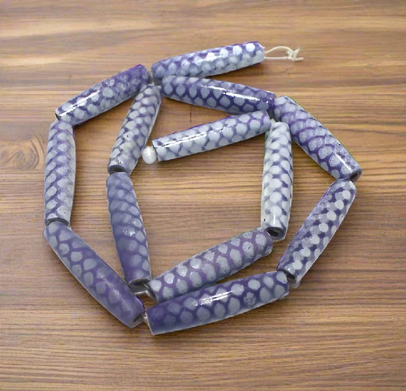 2 Strings Hand Printed Wooden Long Oval Beads Purple 32x8mm