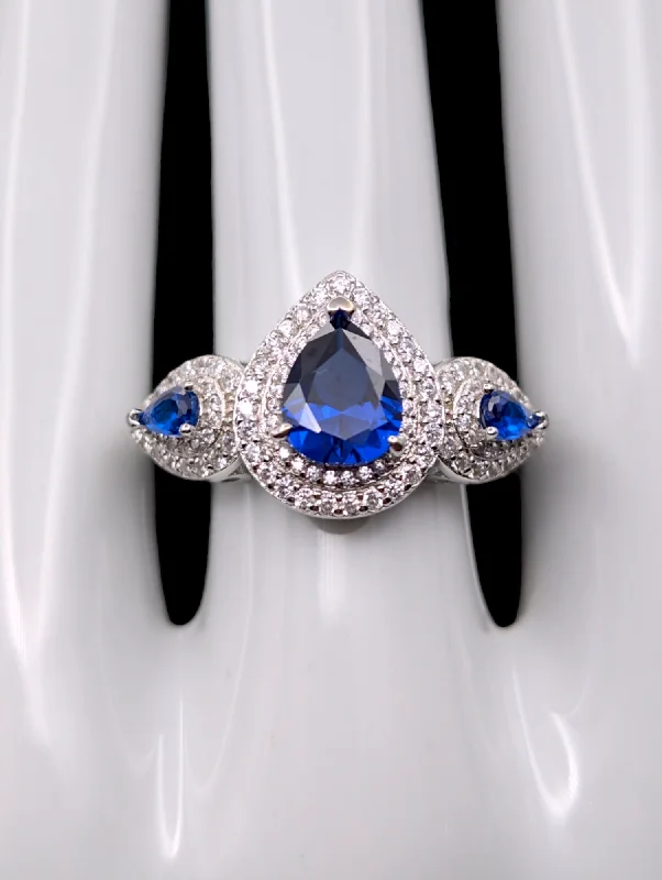 Vintage Inspired Cornflower Blue Pear Cut Genuine Spinel and Diamond Double Halo Sterling Silver Ring