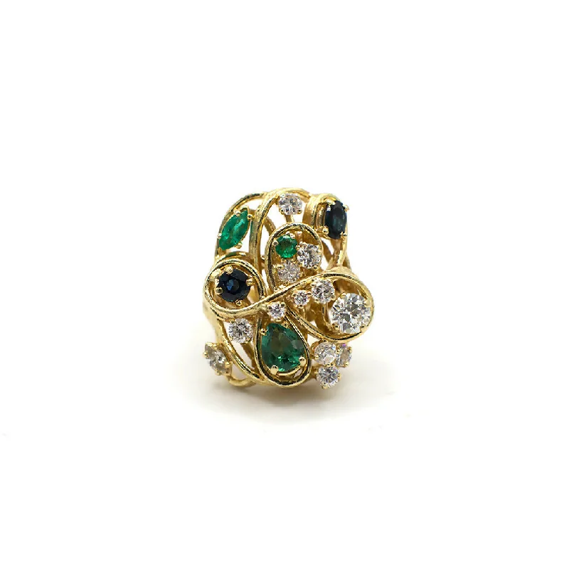 Rare Vintage Genuine Diamond, Sapphire, and Emerald Statement Ring In 14K Yellow Gold