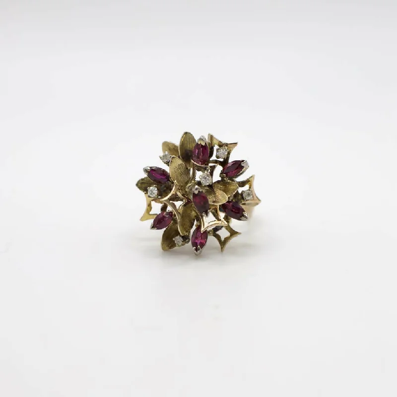 Vintage Genuine Diamond And Ruby Mid-Century Statement Ring In 14K Yellow Gold