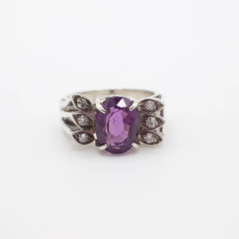 Vintage 925 Silver Genuine Amethyst and Diamond Ring