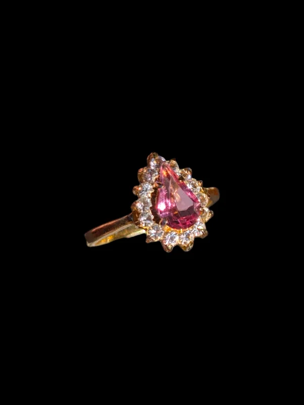 Vintage 10k Yellow Gold Plated Simulated Pink Sapphire Solitaire with Simulated Diamond Halo Costume Statement Ring