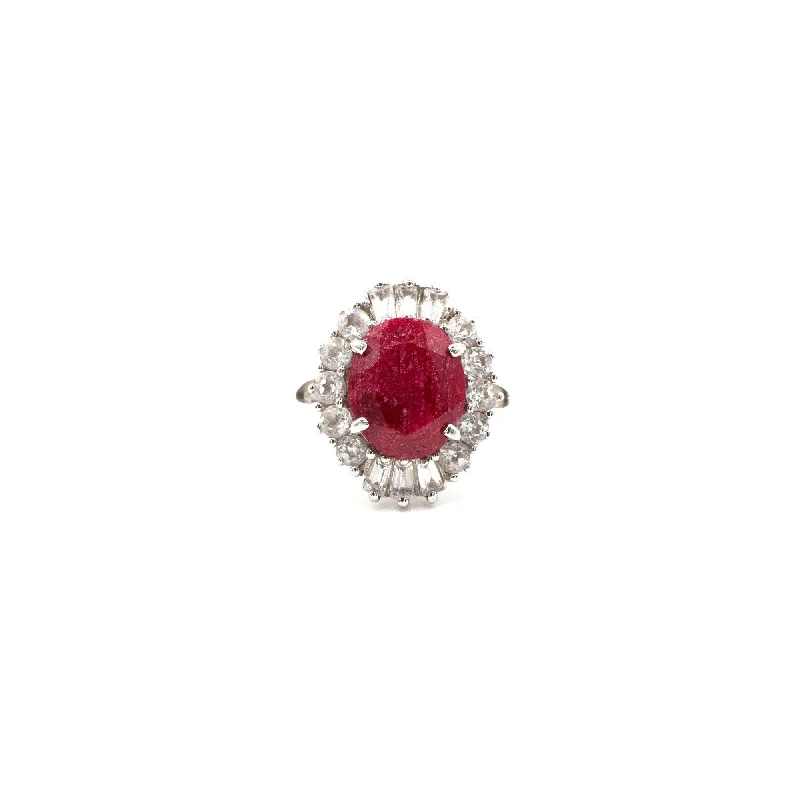 Vintage Genuine Ruby and White Topaz Sterling Silver Cocktail Ring