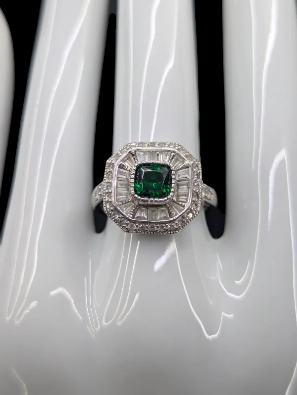 Vintage Art Deco Inspired Genuine Emerald and Simulated Diamond Sterling Silver Ring