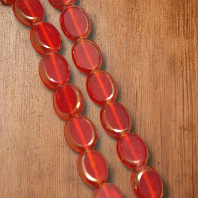 1 String 12x10mm Window Metallic Lining Flat Oval Beads Red