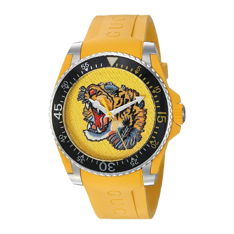 Bold sport watches-Gucci Unisex YA136317 Drive Embroidered Tiger Yellow Rubber Watch