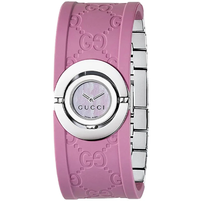 Pearl rim watches-Gucci Women's YA112521 112 The Twirl Pink Rubber and Stainless Steel Watch