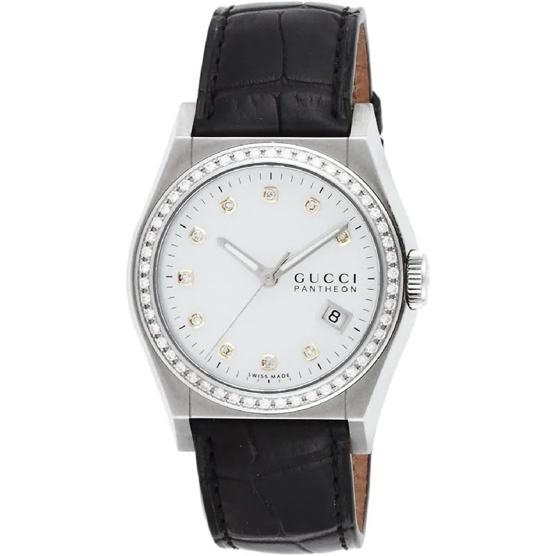 Stone rim watches-Gucci Women's YA115405 115 Pantheon Black Leather Watch