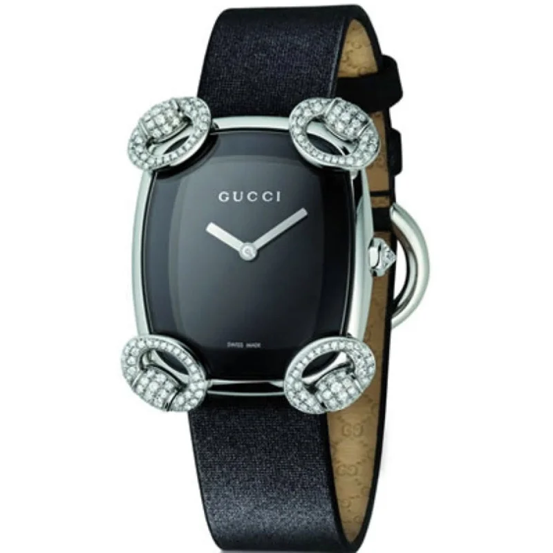 Two-tone strap watches-Gucci Women's YA117507 Horsebit Cocktail Black Satin Watch