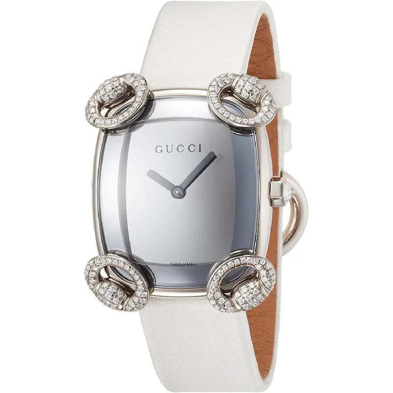 Bold leather watches-Gucci Women's YA117508 Horsebit Cocktail White Satin Watch