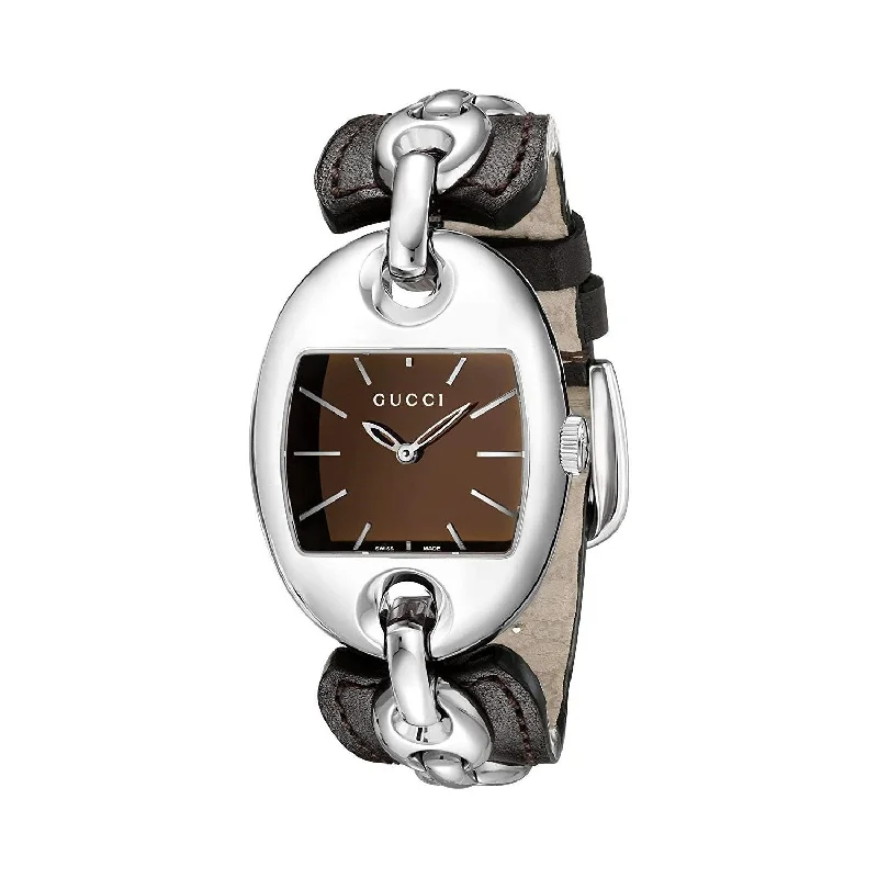 Oval dial watches-Gucci Women's YA121310 Marina Chain Brown Leather Watch