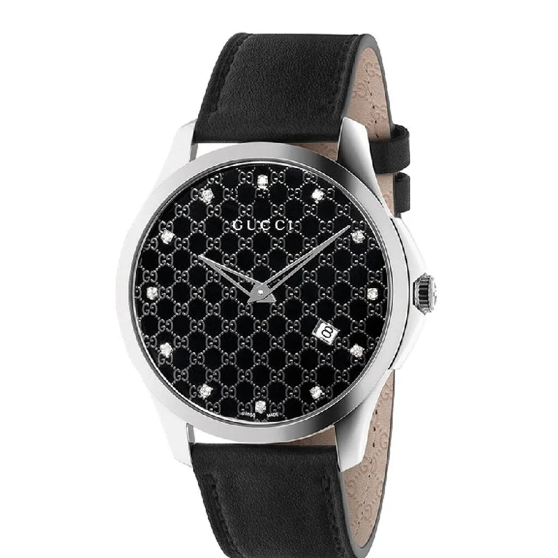 Old leather watches-Gucci Women's YA126305 G-Timeless Diamond Black Leather Watch