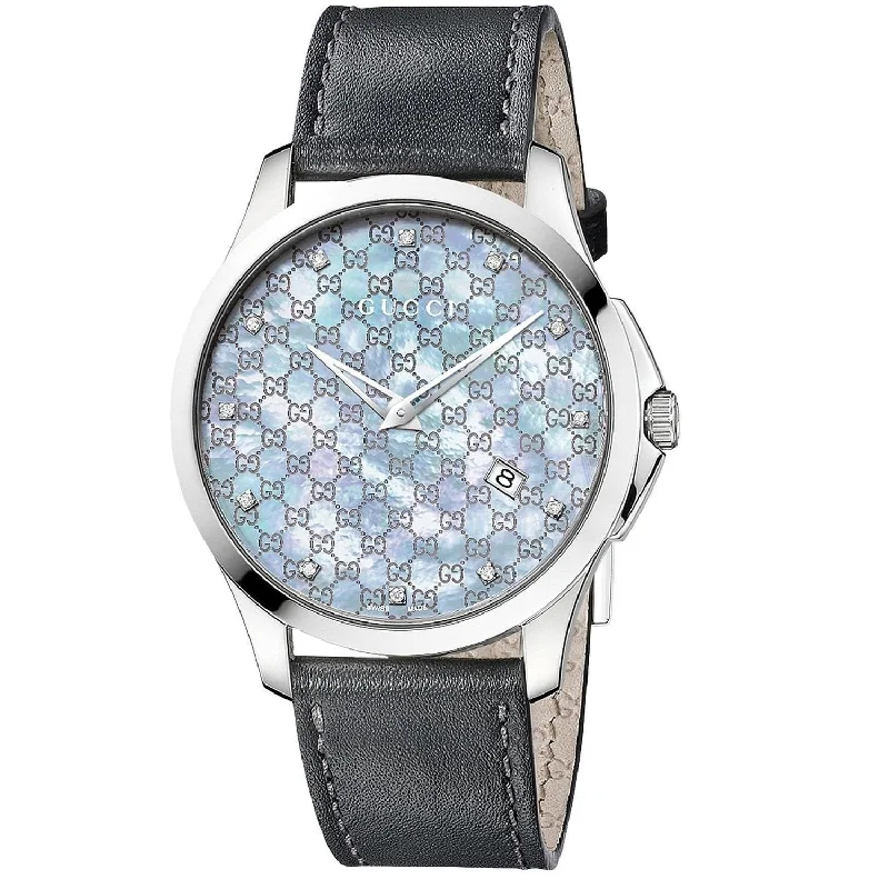 Topaz bezel watches-Gucci Women's YA126307 G-Timeless Diamond Black Leather Watch