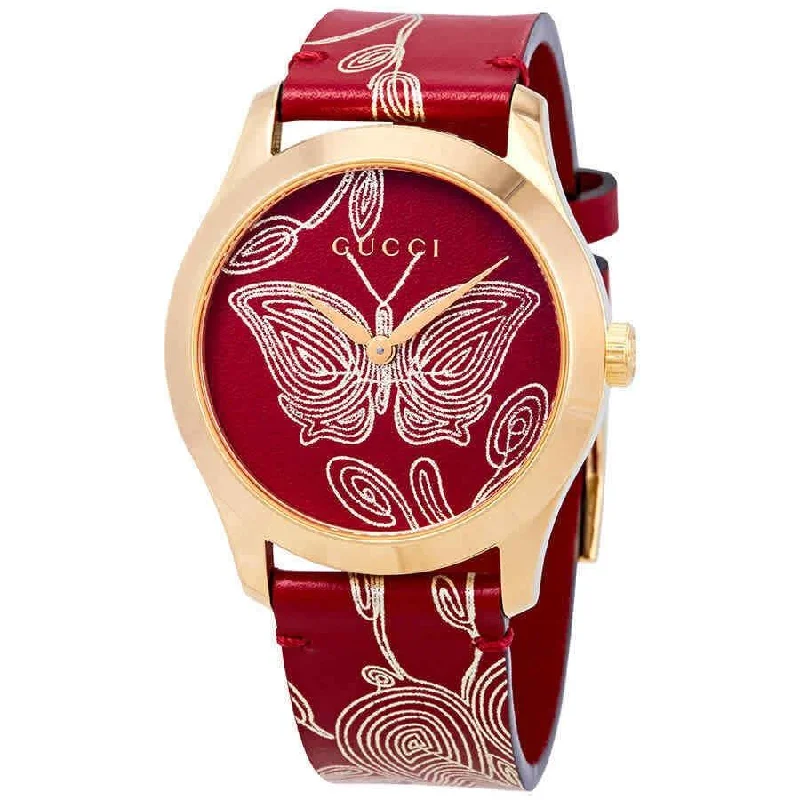 Elite diamond watches-Gucci Women's YA1264054 G-Timeless Red Leather Watch