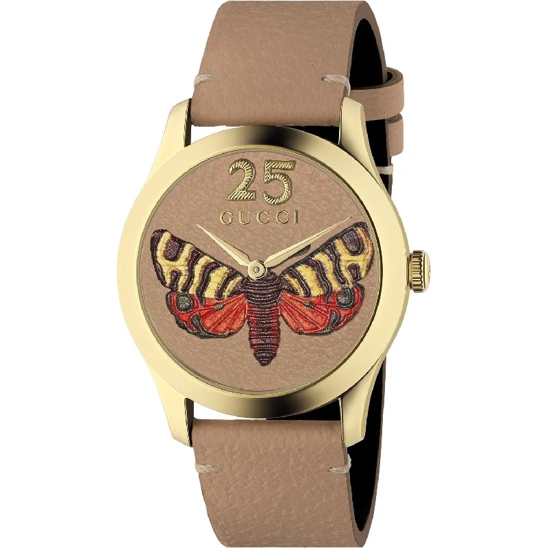 Maple wood watches-Gucci Women's YA1264063 G-Timeless Embroidered Butterfly Design Brown Leather Watch