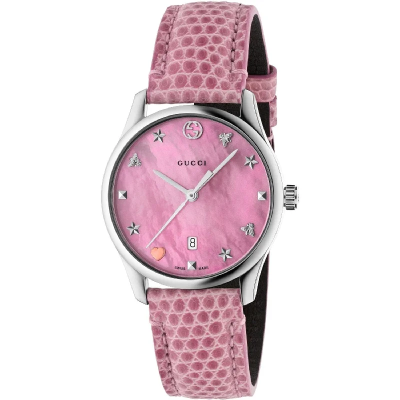 Vivid dial watches-Gucci Women's YA126586 G-Timeless Pink Leather Watch