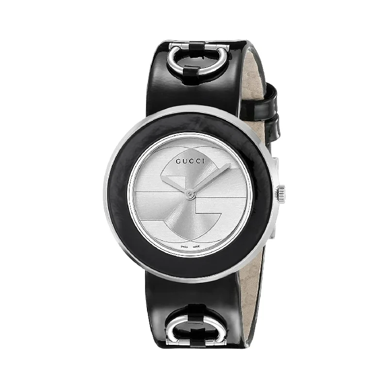 Lily bezel watches-Gucci Women's YA129403 U-Play Black Leather Watch