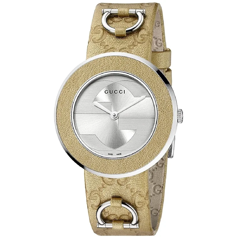 Two-tone rim watches-Gucci Women's YA129408 U-Play Medium Brown Leather Watch