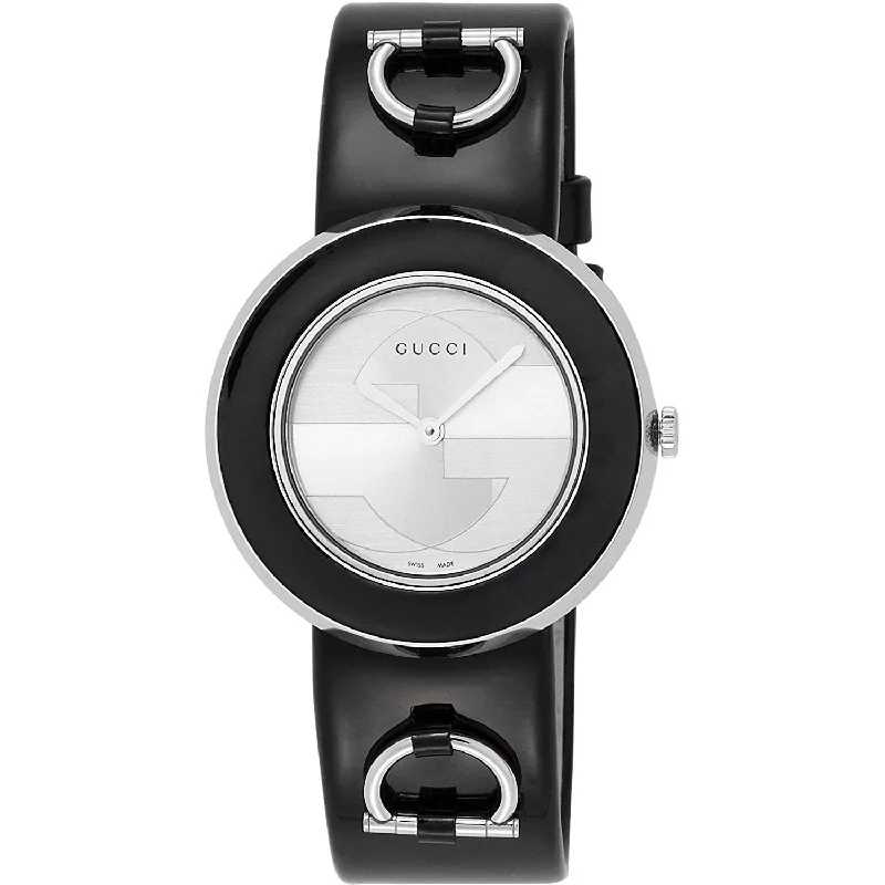 Gold band watches-Gucci Women's YA129417 U-Play Black Leather Watch