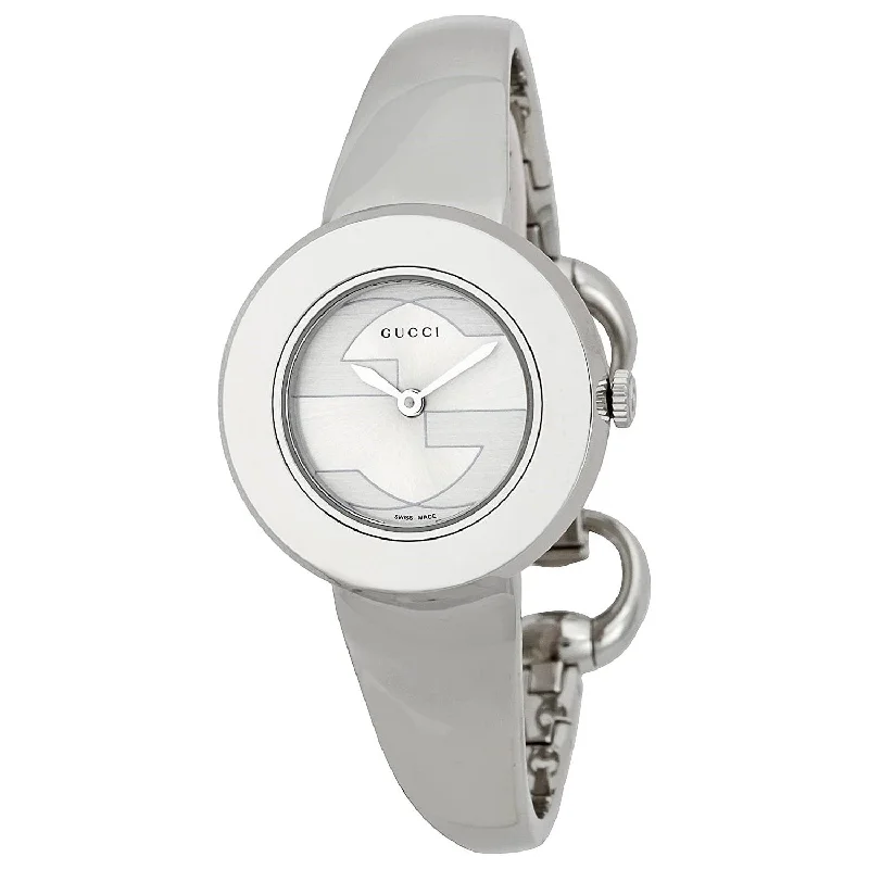 Thick face watches-Gucci Women's YA129501 U-Play White Interchangeable Bangle and White Leather Watch