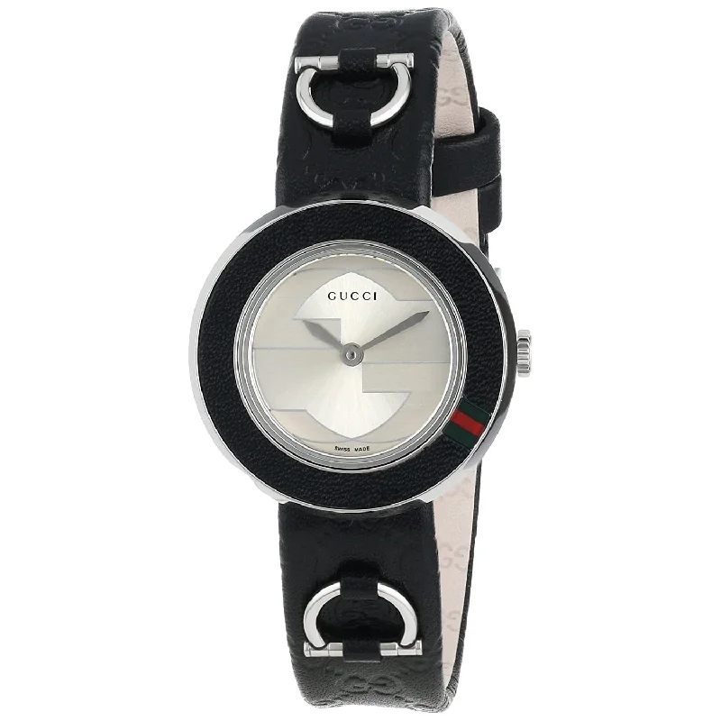 Diamond strap watches-Gucci Women's YA129508 U-Play Black Leather Watch