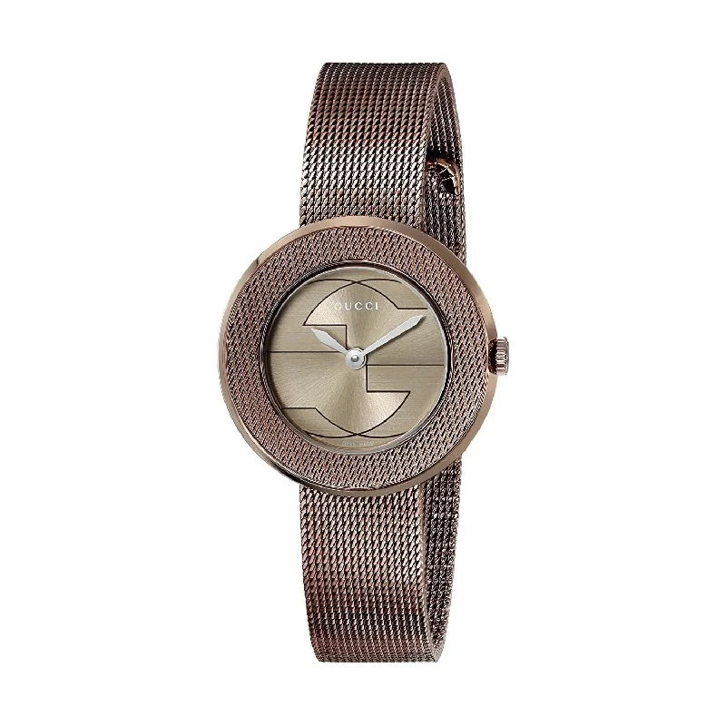 Pink gold strap watches-Gucci Women's YA129520 U-play Brown Stainless Steel Watch